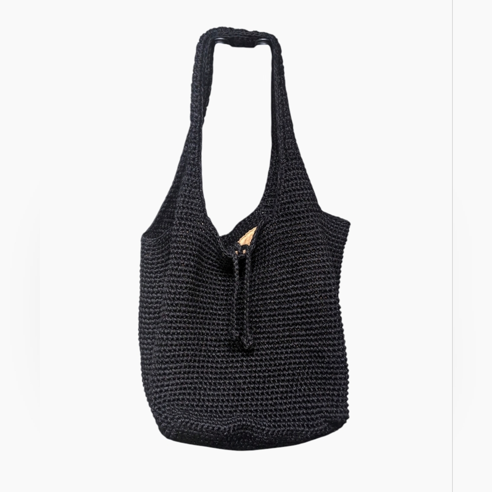 The Sak Happy & Free Woven Knit Hobo Bag Black Fabric Double Handle Tie Closure